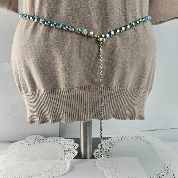 Vintage Blue Aurora Borealis Rhinestone Lariat Necklace or Belt 29-37" - Picture 2 of 7